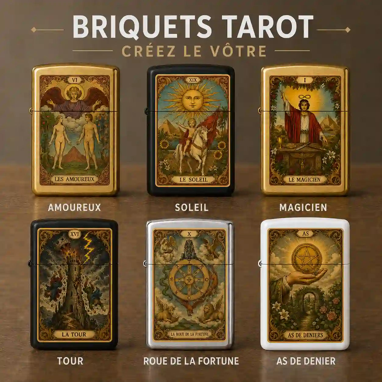 collection de briquet tempete or,argent,noir et blanc avec carte de tarot