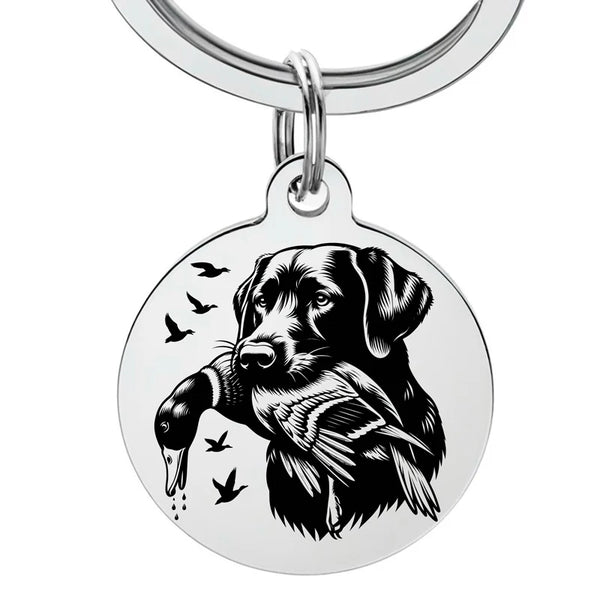 Porte-clé chasseur avec gravure chien et canard