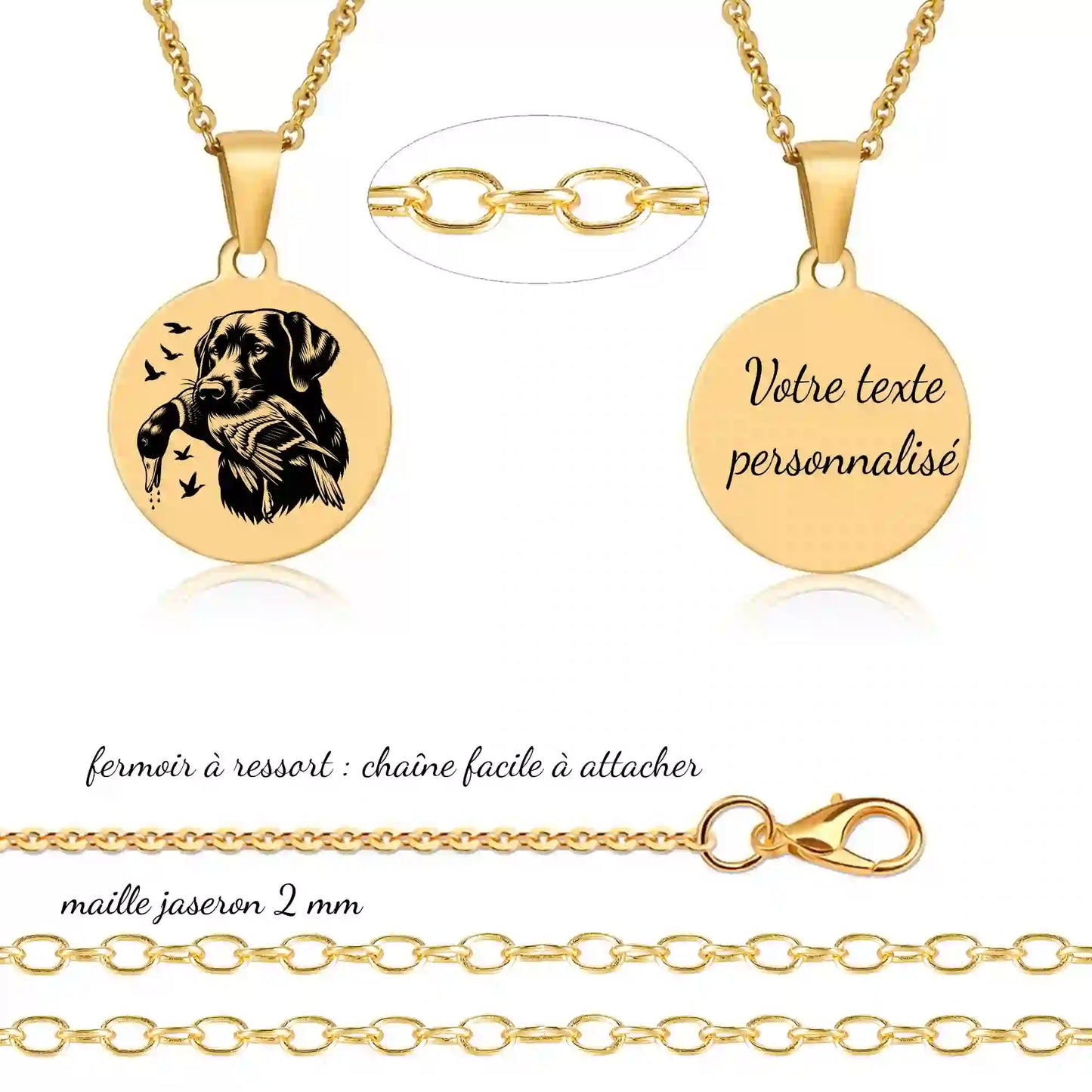 Collier pour amateur de chasse avec gravure sur pendentif gravure recto verso