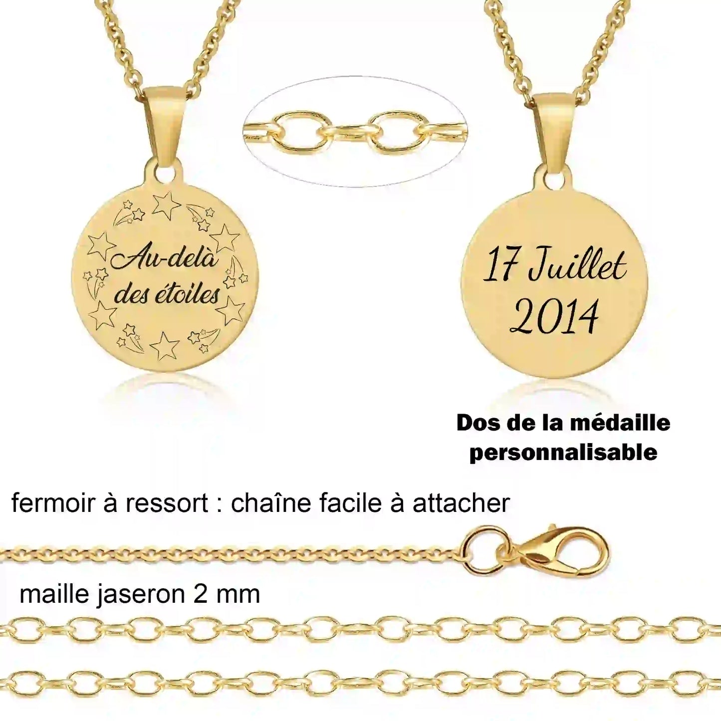 Collier personnalisé avec étoiles gravées , gravure recto verso