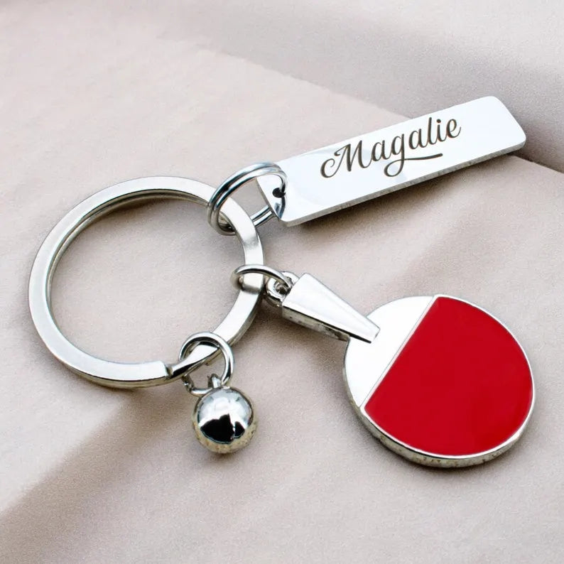 Porte-clé tennis de table personnalisé avec gravure d’un prénom et raquette