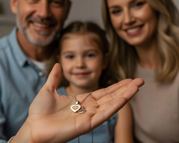 illustration avec parents et enfant offrant un cadeau collier gravé personnalisé