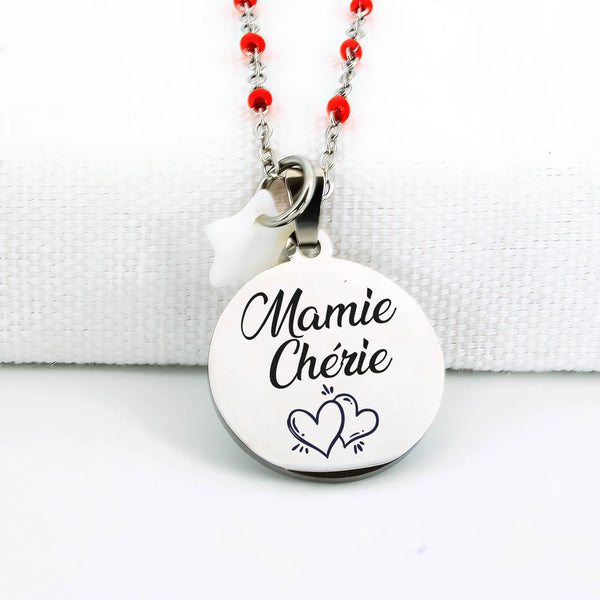 Collier-Personnalise-medailles-couleur-argent-chaine-perle-emails-rouges