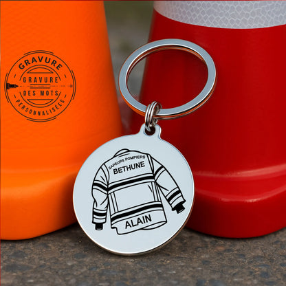 porte clé avec gravure d'une veste de feu incendie de pompiers
