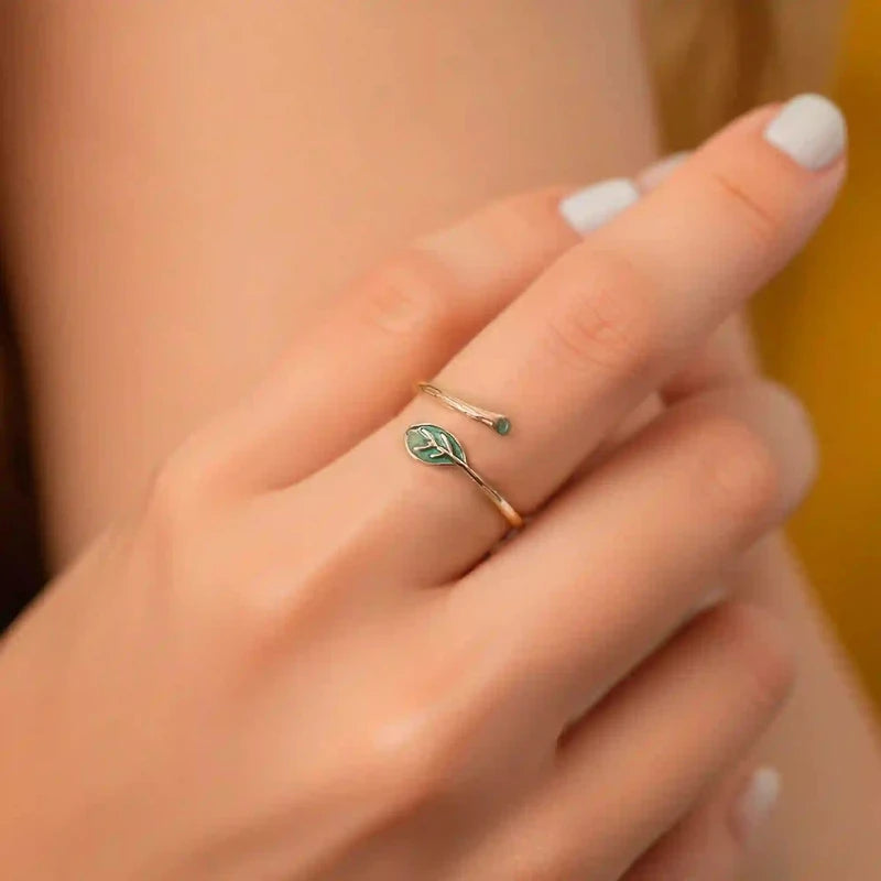 Bague boheme en argent 925 avec motif feuille verte