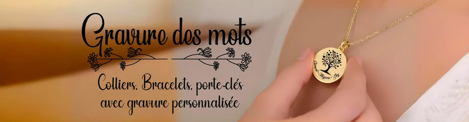 Un pendentif en or avec un motif d'arbre sur une fine chaîne, porté par une femme, banniere gravuredesmots.fr