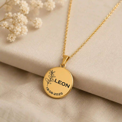 collier avec médaille  pour baptême ou communion - feuille de rameaux - bijou de couleur or en acier inoxydable