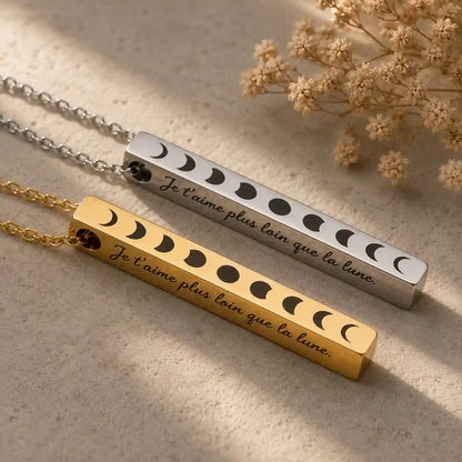 collier phase lunaire , barre 3d et chaine en acier inoxydable couleur argent et or