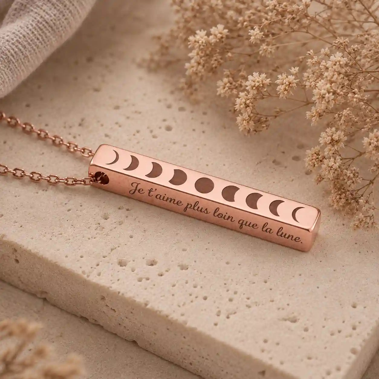collier phase lunaire , barre 3d et chaine en acier inoxydable couleur rose gold
