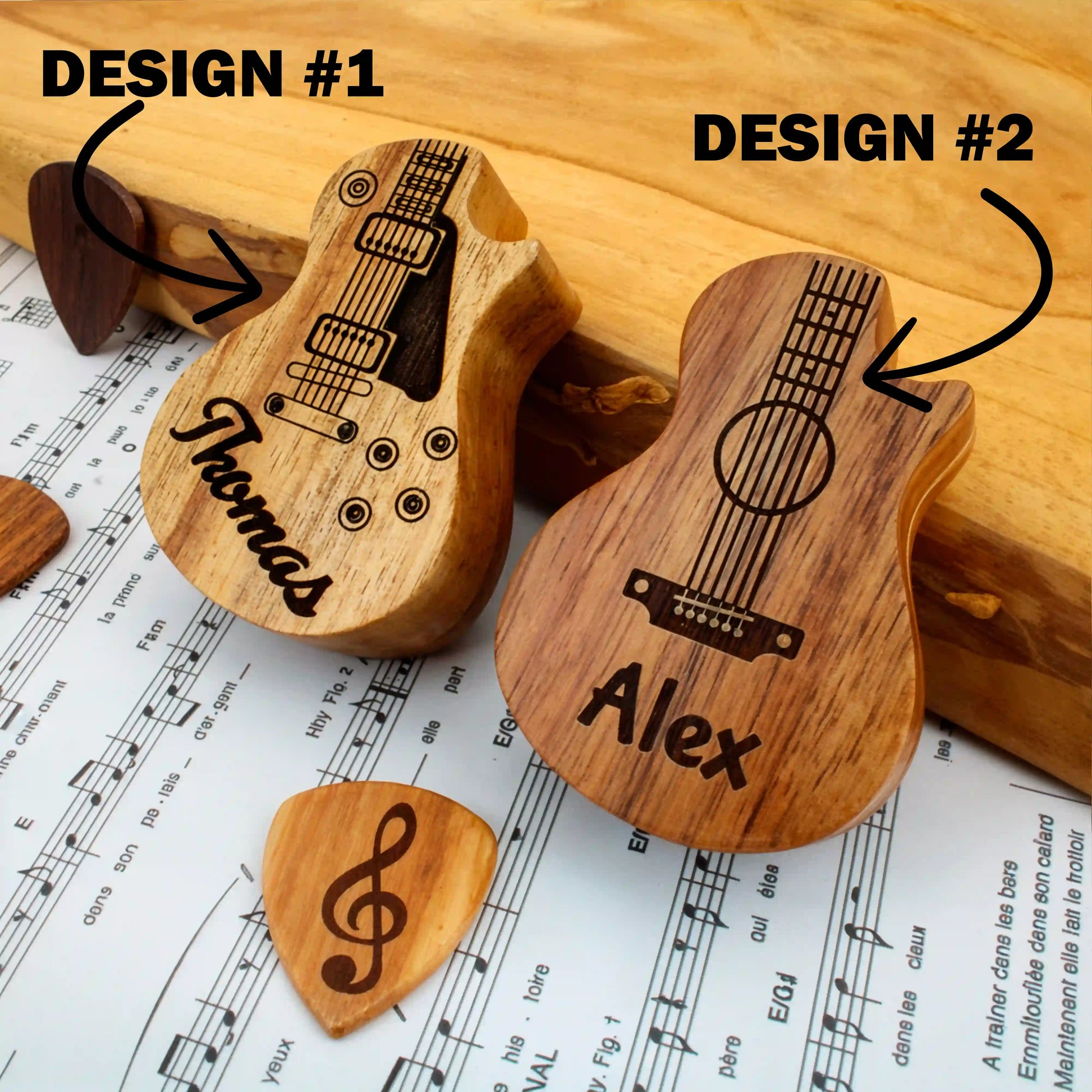presentation de 2 designs gravés sur des guitare en bois