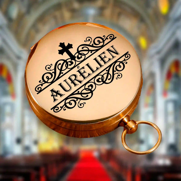 Boussole de baptême avec gravure prénom personnalisé , en laiton avec monogramme croix chrétienne