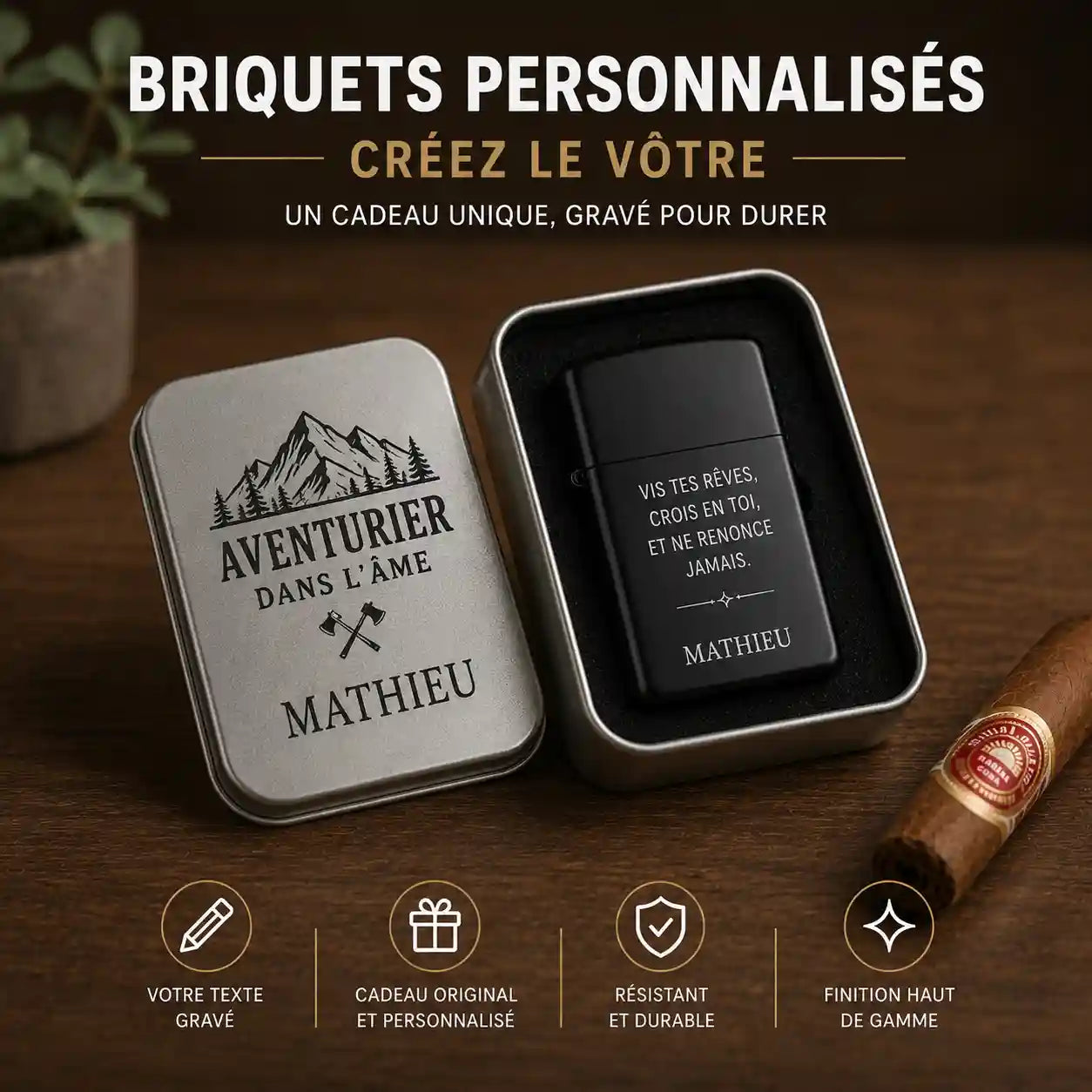 briquet tempete avec boite et gravure personnalisée