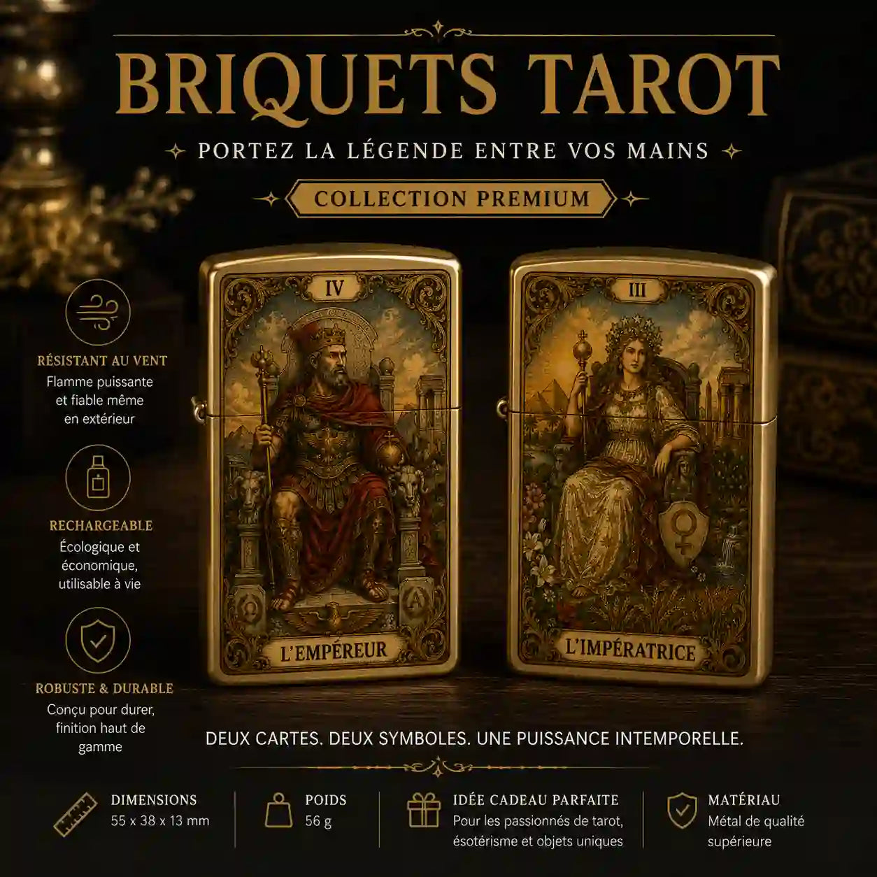 briquet tempete avec carte de tarot empereur et imperatrice
