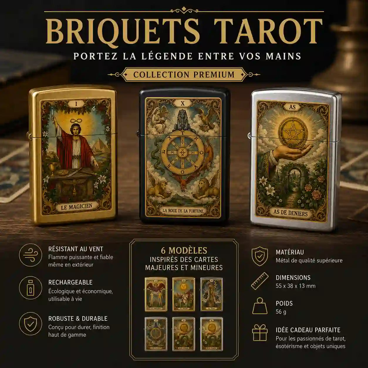 briquet tempete de couleur or,noir et argent avec carte de tarot 