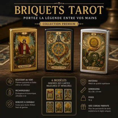 briquet tempete de couleur or,noir et argent avec carte de tarot 