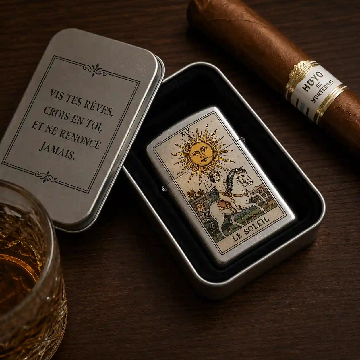 briquet tempete couleur argent avec tarot personnalisé et sa boite en métal