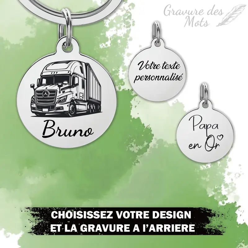 choix des gravure au dos du porte clé routier avec gravure personnalisée