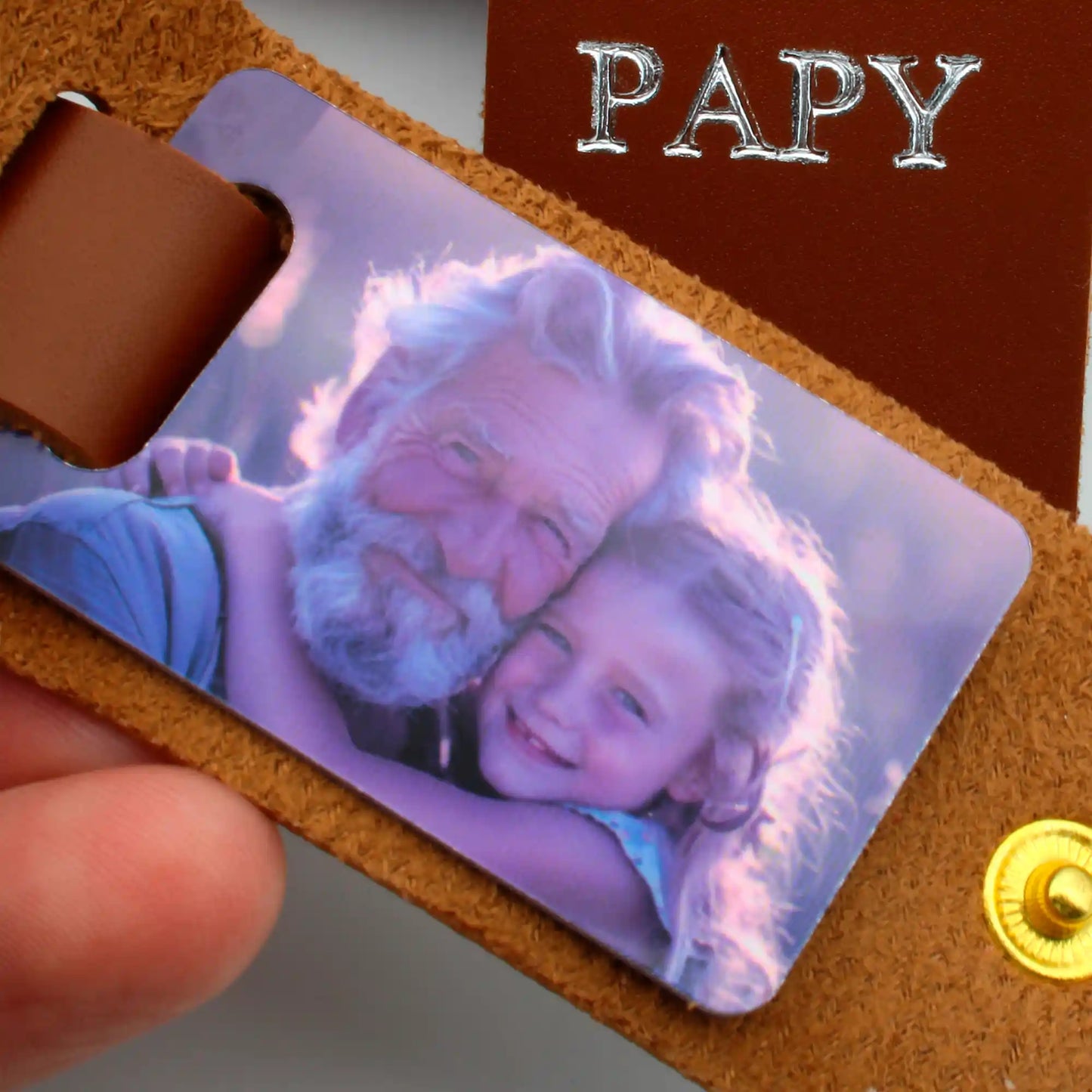 porte clé cuir avec photo pour papy - dorure or ou argent