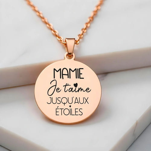collier gravure personnalisée pour mamie couleur or rose en acier inoxydable