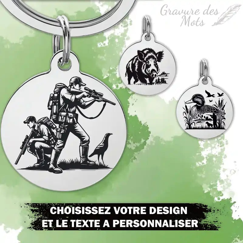 Porte-clé chasseur sanglier, cerf, canard, chien