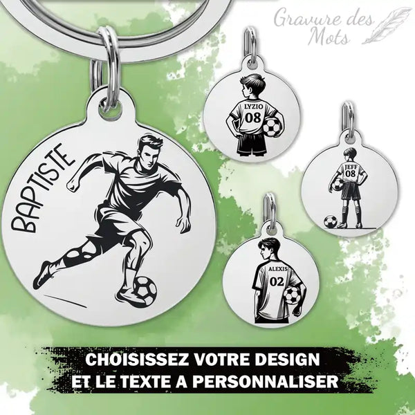 design des differents porte clé enfant footballeur avec gravure du prénom personnalisé