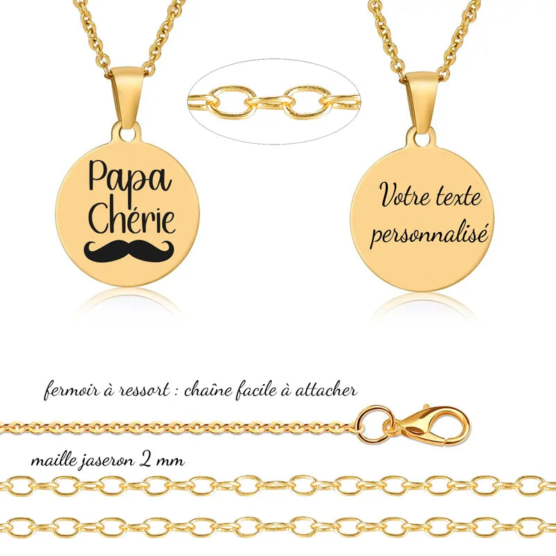 Collier pour fête des pères avec message d’amour , gravure personnalisée recto verso