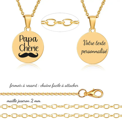 Collier pour fête des pères avec message d’amour , gravure personnalisée recto verso