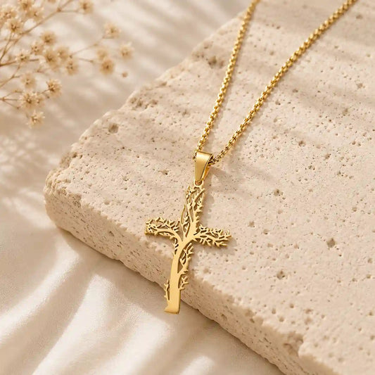 collier arbre de vie croix chretienne couleur or