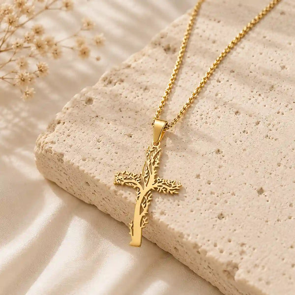 collier arbre de vie croix chretienne couleur or
