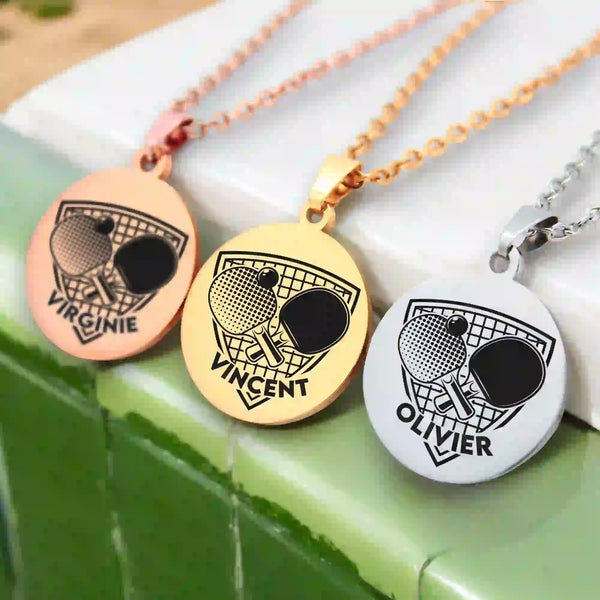collier pingpong gravure personnalisée couleur OR, argent et or rose