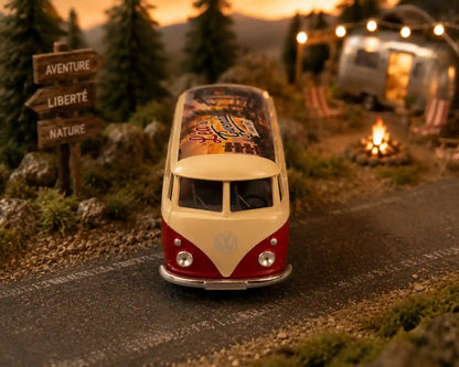 combi vw avec photo personnalisée vue de face dans un diorama