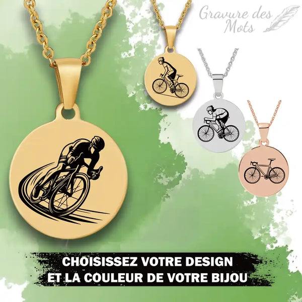 médaille avec gravure personnalisée d' un vélo et prénom