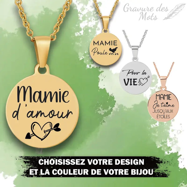 details collier gravure personnalisée pour mamie couleur or rose, or et argent en acier inoxydable