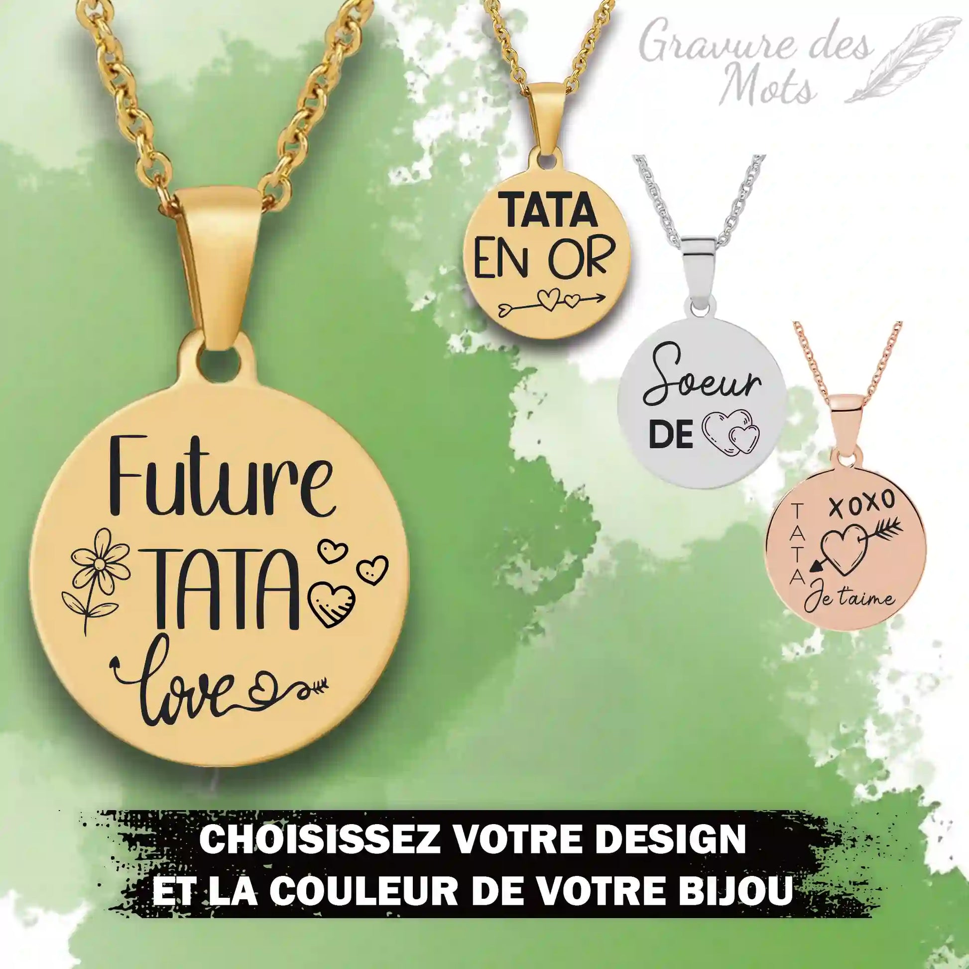 details couleurs collier gravure personnalisée - cadeau pour  tata ou soeur