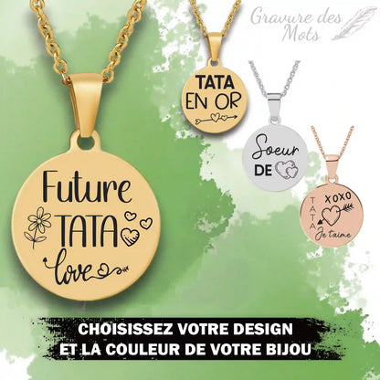 details couleurs collier gravure personnalisée - cadeau pour  tata ou soeur
