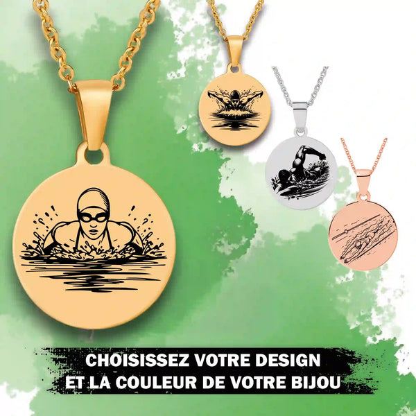 details des designs et couleur des bijoux du collier nageur avec gravure personnalisée
