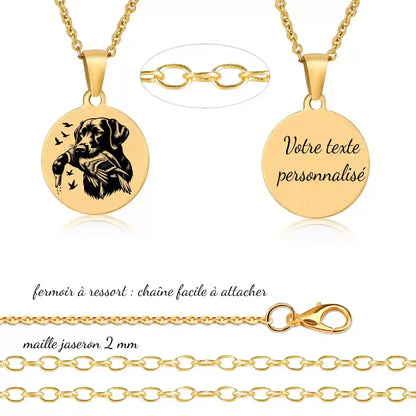 Collier pour amateur de chasse avec gravure sur pendentif gravure recto verso