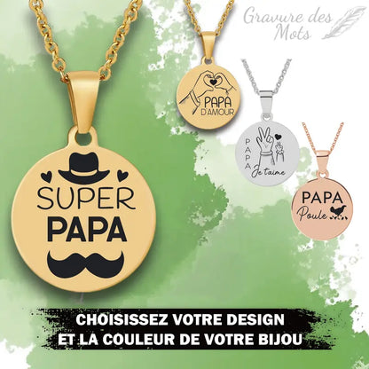 collier avec gravure personnalisé super papa, gravure au choix 
