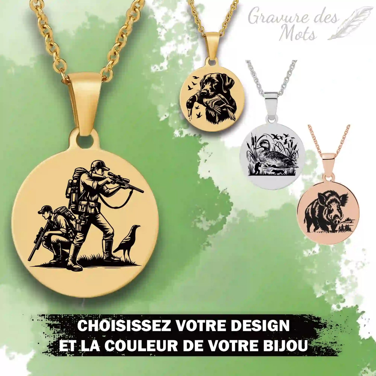 Bijou personnalisé chasseur avec gravure de canard et texte au choix