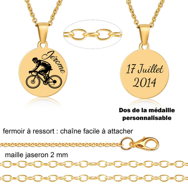 collier cycliste gravure personnalisée recto verso, couleur or, argent ou or rose