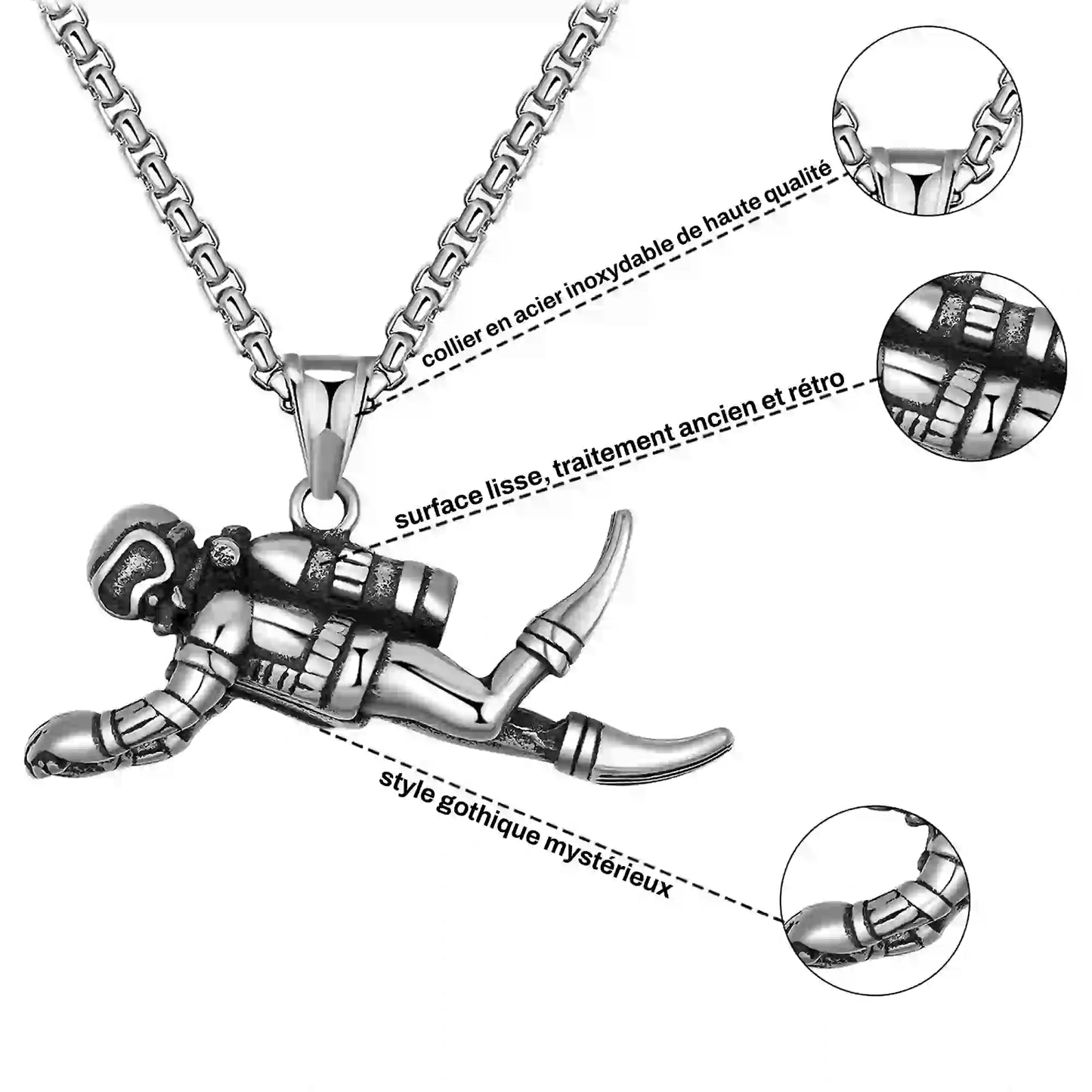 Collier en métal avec pendentif représentant un plongeur sous marin