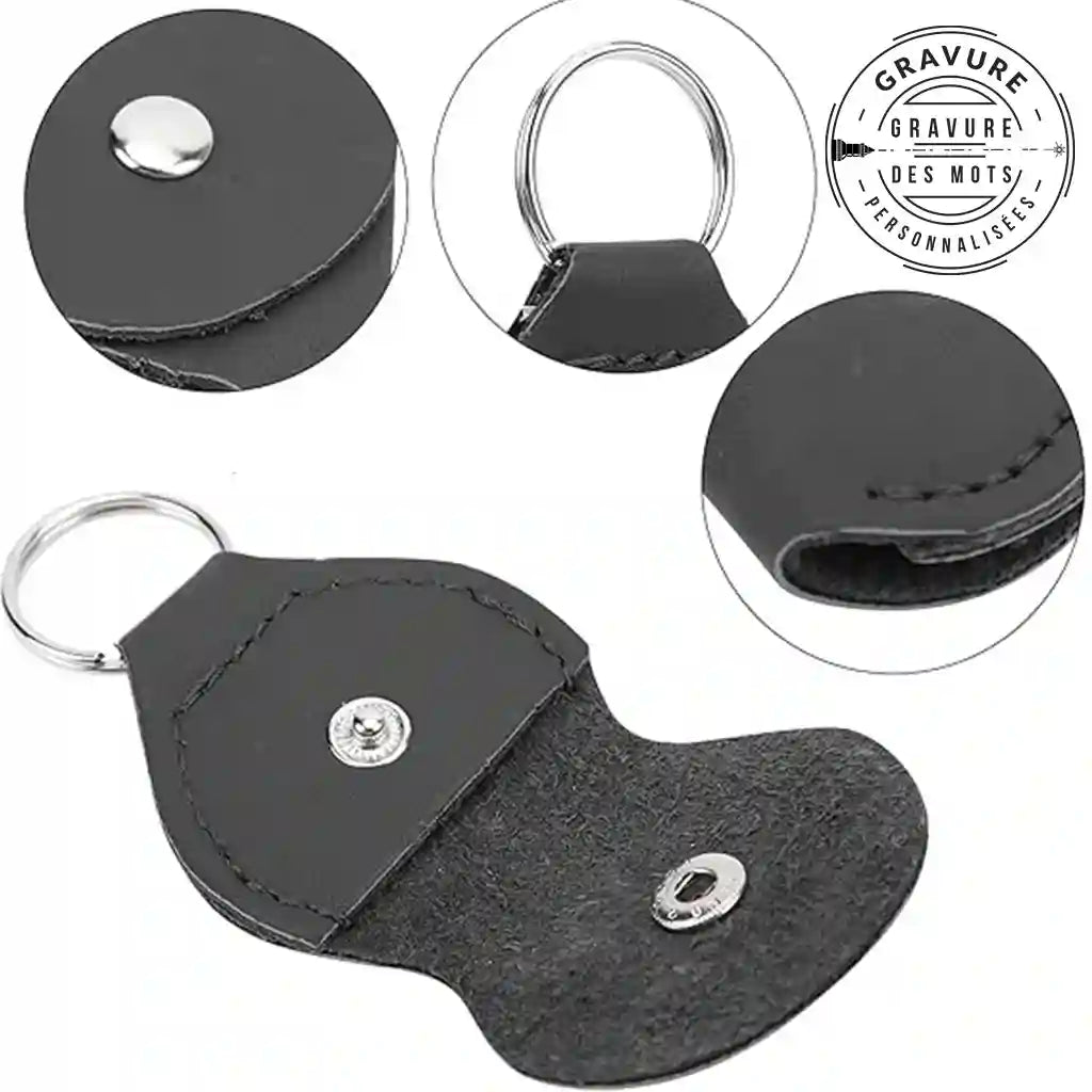 details du porte clé en cuir PU pour médiator guitare en bois 