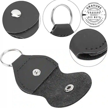 details du porte clé en cuir PU pour médiator guitare en bois 