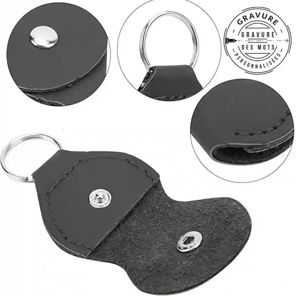 details du porte clé en cuir PU pour médiator guitare en bois 