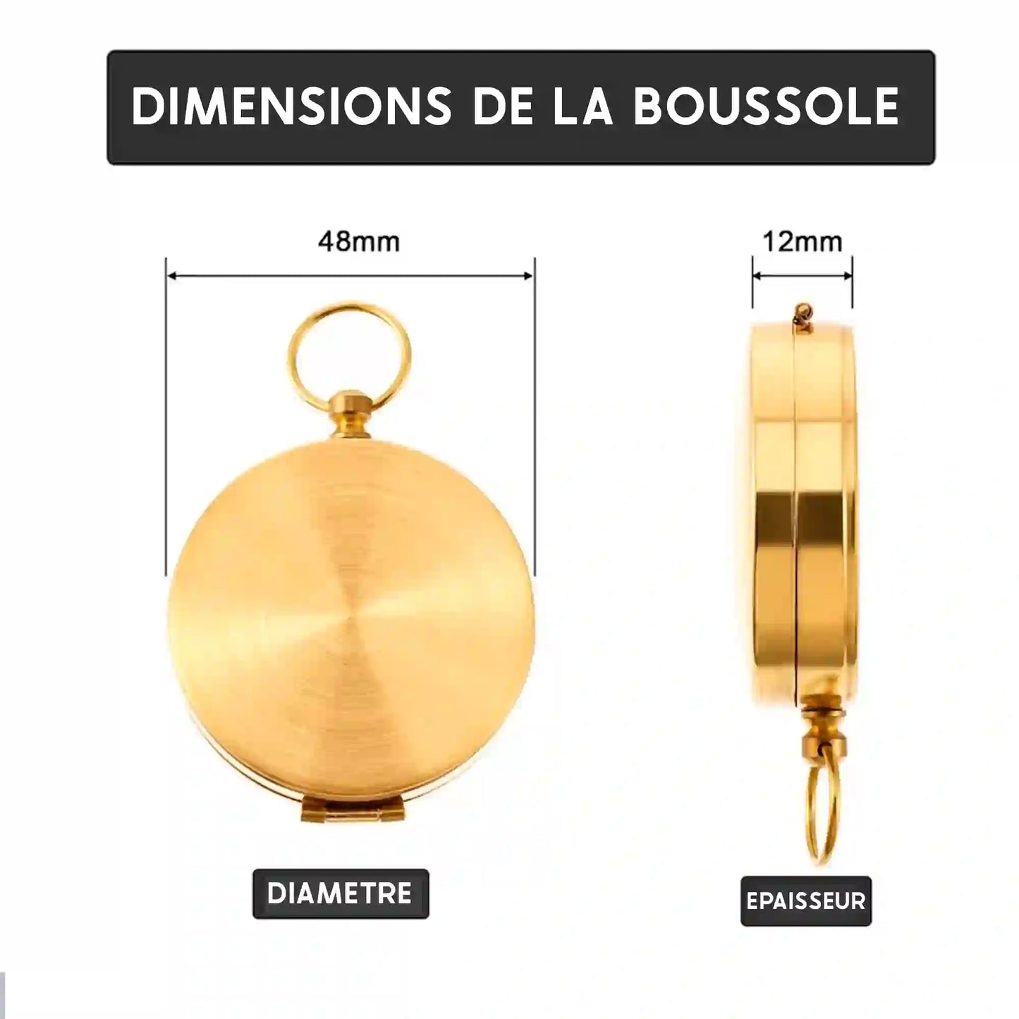 Dimensions de la boussole : diamètre de 48 mm et épaisseur de 12 mm. Vue de profil et de face pour illustrer les spécifications de l'accessoire.