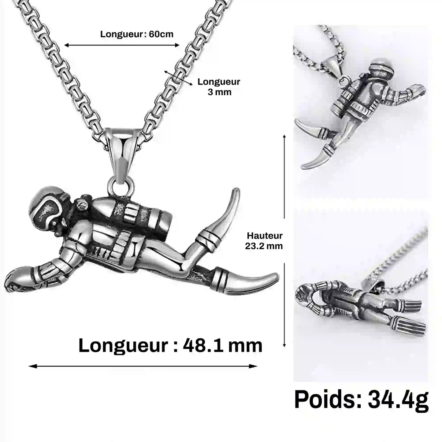 dimensions Collier plongée sous-marine, couleur argent