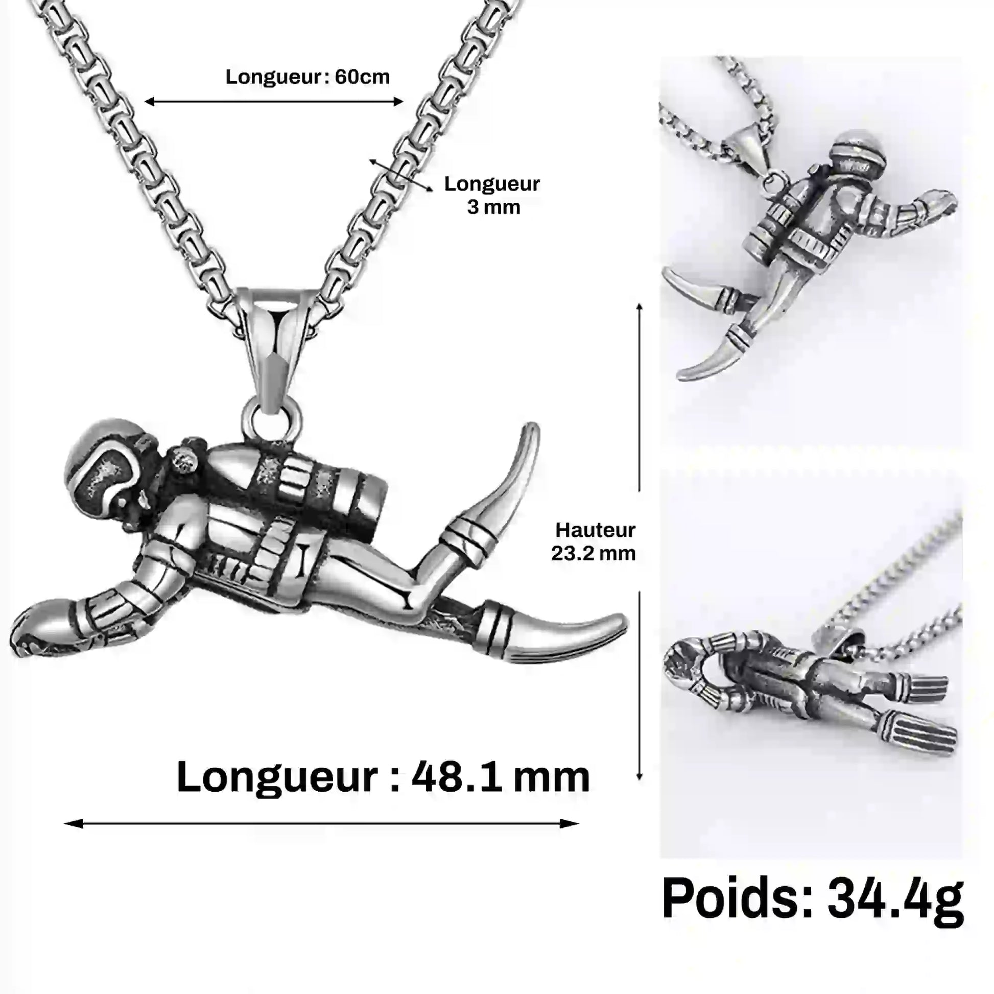 dimensions Collier plongée sous-marine, couleur argent