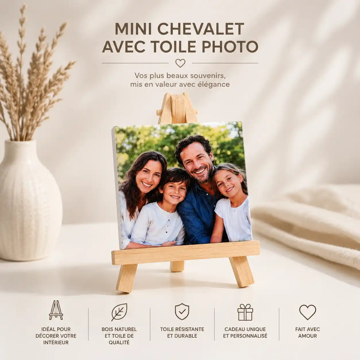 Cadre photo personnalisé format 7x7 cm sur toile avec chevalet, impression UV et finition vernis 