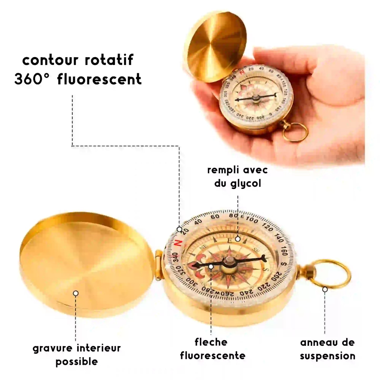 Informations sur la boussole personnalisée en métal doré, comprenant un contour rotatif à 360°, une flèche fluorescente, et un anneau de suspension. Gravure intérieure possible.