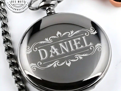 Montre à gousset noire personnalisée gravée